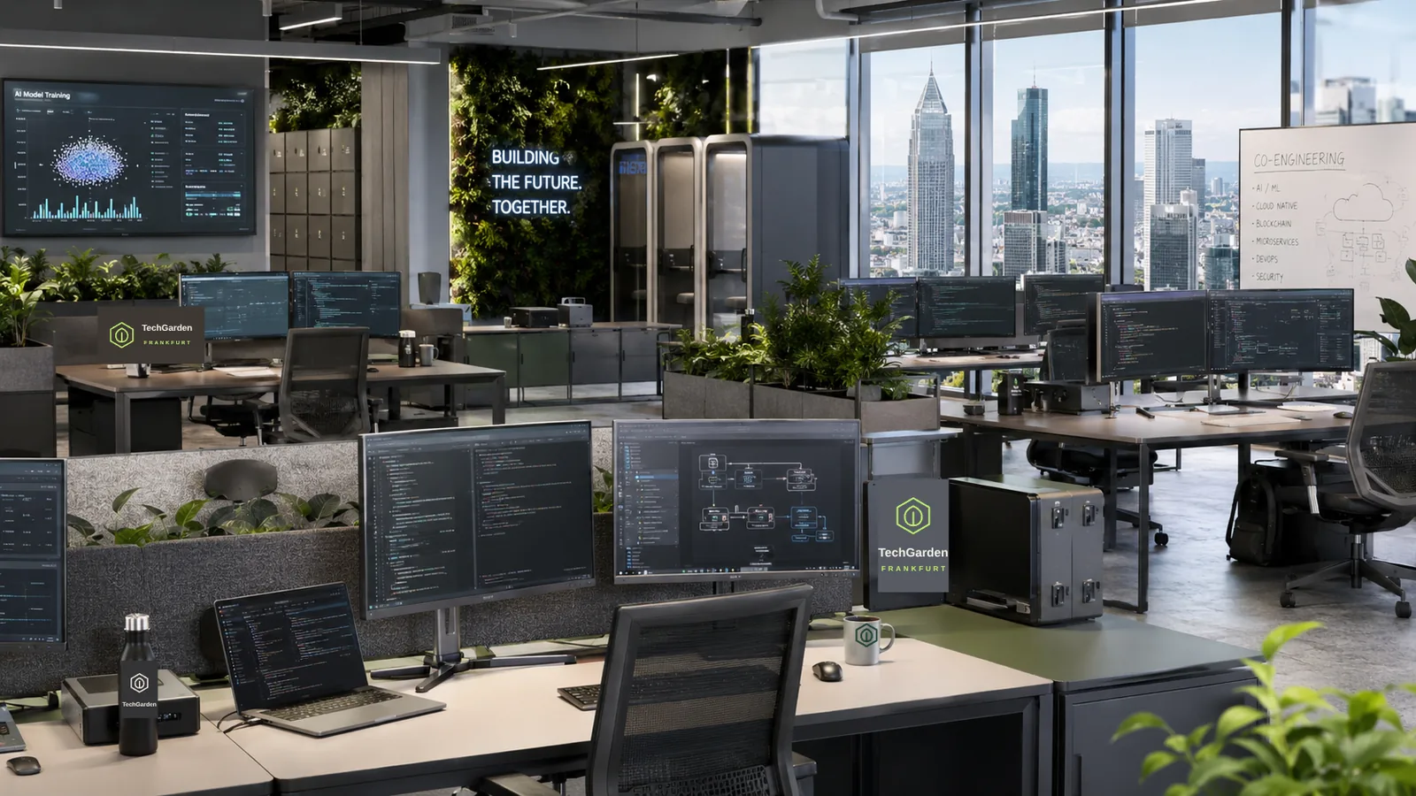 Arbeitsplätze mit Monitoren zwischen Pflanzen, dahinter die Frankfurter Skyline
